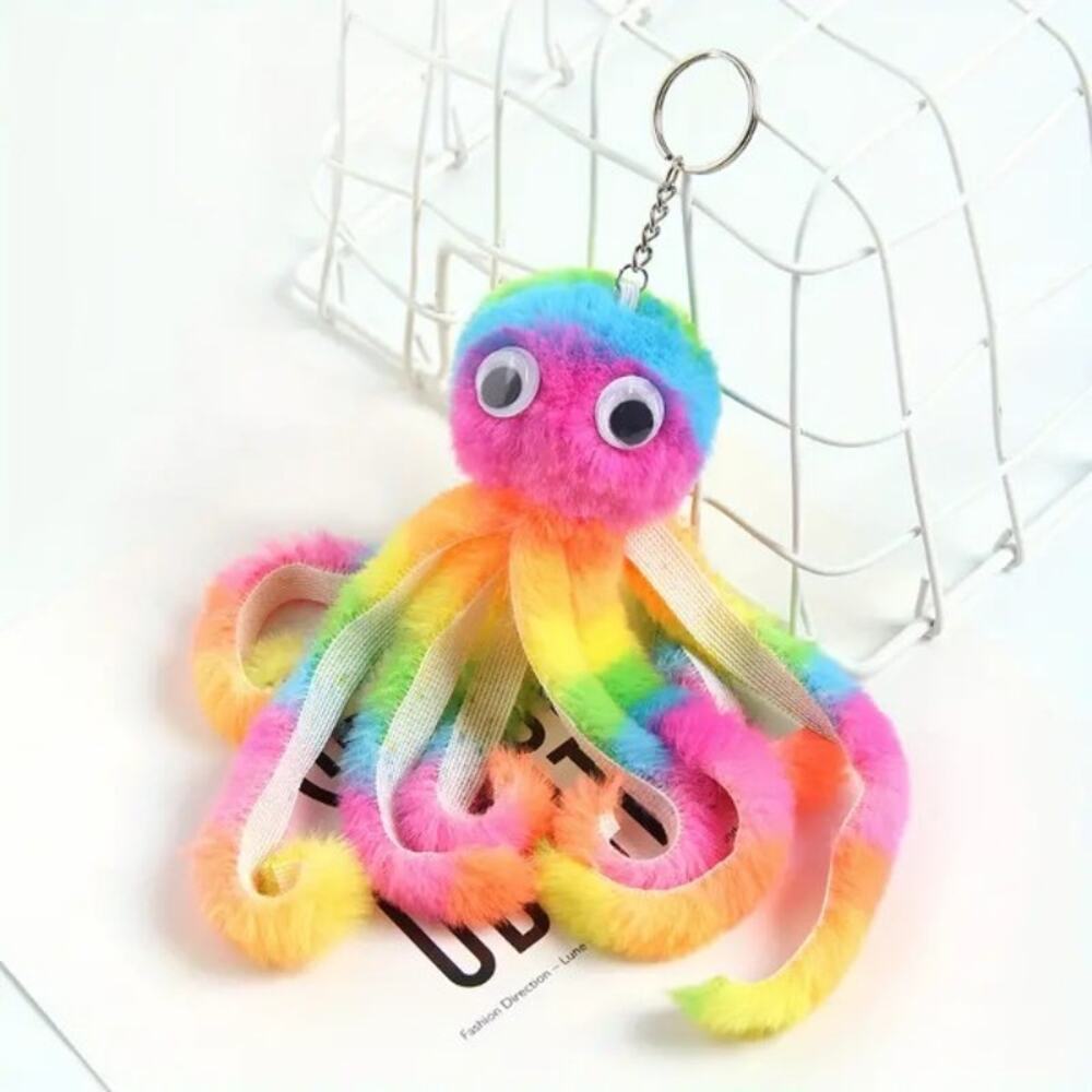 Cute and Colorful Fuzzy Rainbow Octopus Keychain